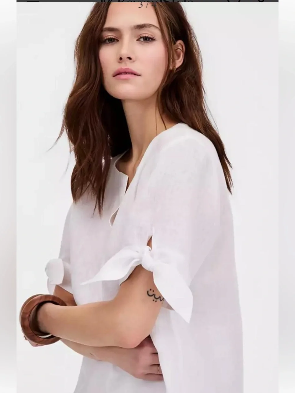 New 100% Linen Charter Club White V-Neck Tie Sleeve Bow Blouse Size S - Picture 3 of 8